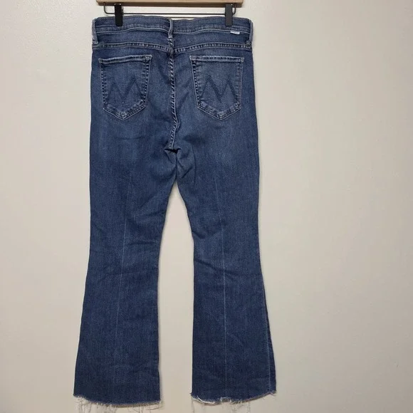 Mother The Weekender Fray Faded Flare Blue Walking On Coals Jeans 31x30 Raw Hem